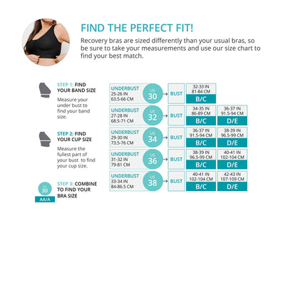 Instructions for finding the perfect fit for recovery bras with measurement chart.