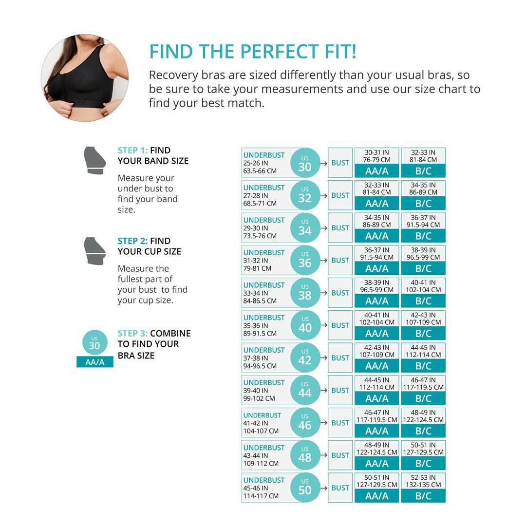 Size chart for Recovery bra B2