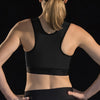Marena Sport style 100Z compression sport bra close up back view, in black with black threading