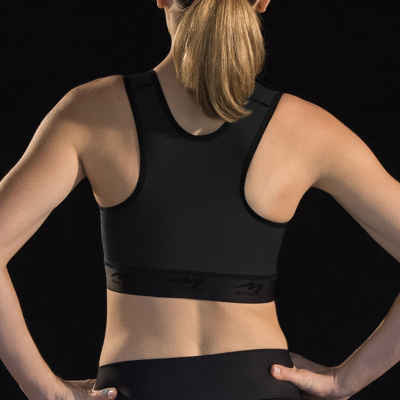 Marena Sport style 100Z compression sport bra close up front view, in black with black threading