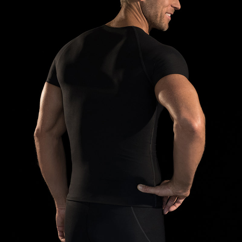 Marena Sport style 502 Short sleeve shirt close-up front view, in black fabric with black threading
