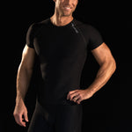 Marena Sport style 502 Short sleeve shirt close-up front view, in black fabric with black threading