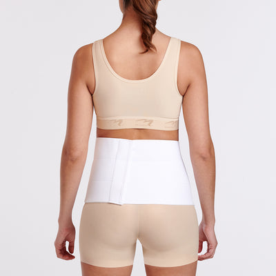 Marena Recovery style AB3F7 abdominal binder back view, shown on female model with velcro closure and inner fabric..