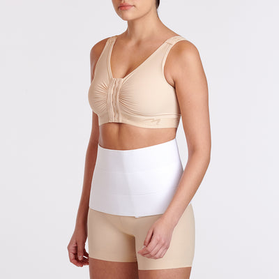 Marena Recovery style AB3F7 abdominal binder side view, shown on female model with velcro closure and inner fabric.