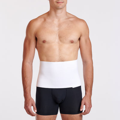 Marena Recovery style AB3F7 abdominal binder front view, shown on male model with velcro closure and inner fabric.