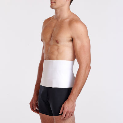 Marena Recovery style AB3F7 abdominal binder side view, shown on male model with velcro closure and inner fabric.