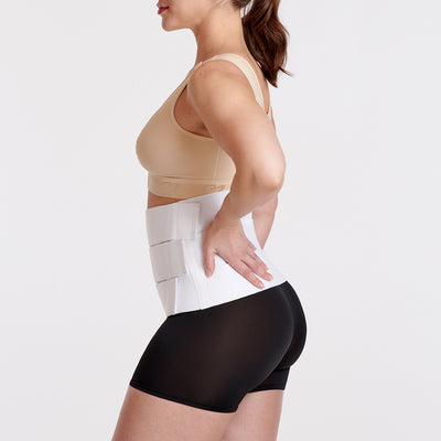 Marena Recovery style AB3S3 abdominal binder, side view shown on female model.
