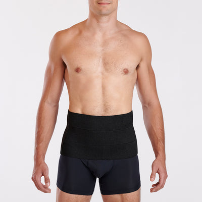 Marena Recovery style AB3 abdominal binder front view, show in black on male model.