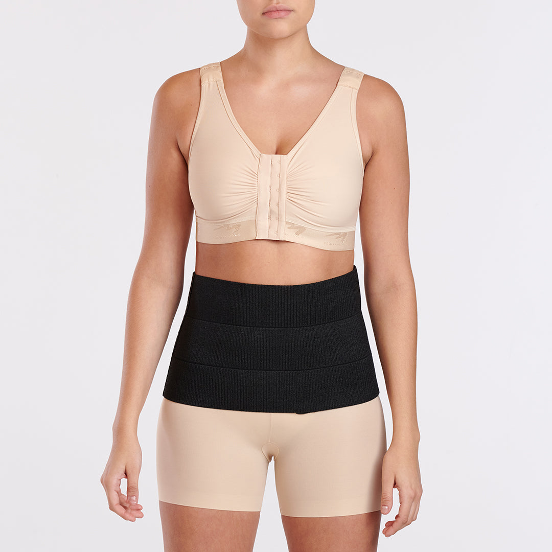 Marena Recovery style AB3 abdominal binder front view, show in black on female model.