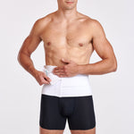 Marena Recovery style AB3 abdominal binder front view with detail, show in white on male model.