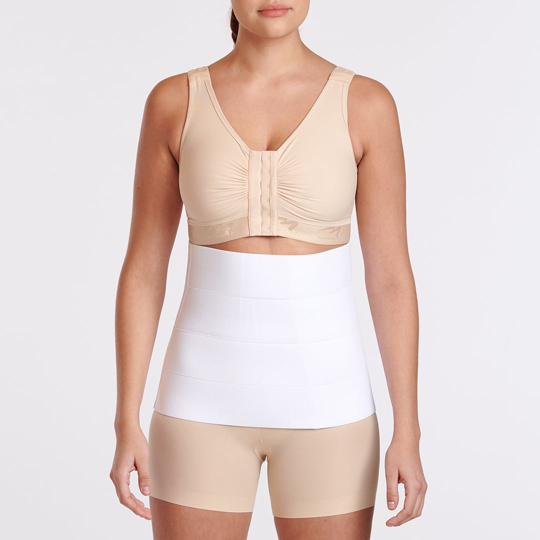 Marena Recovery style AB4 abdominal binder shown from the front on female model.