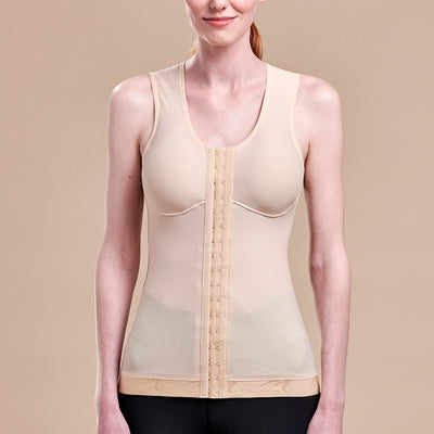 Caress by Marena Mastectomy Pocketed Camisole with Compression Bodice, front view, beige