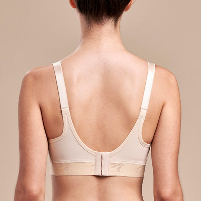 Caress by Marena Mastectomy Ultra-Low Coverage Pocketed Zip-Front Bra, back view, beige