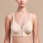 Caress by Marena Mastectomy Ultra-Low Coverage Pocketed Zip-Front Bra, front view, beige