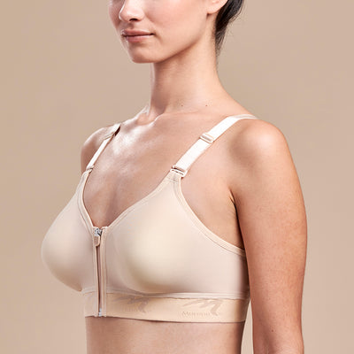 Caress by Marena Mastectomy Ultra-Low Coverage Pocketed Zip-Front Bra, side view, beige