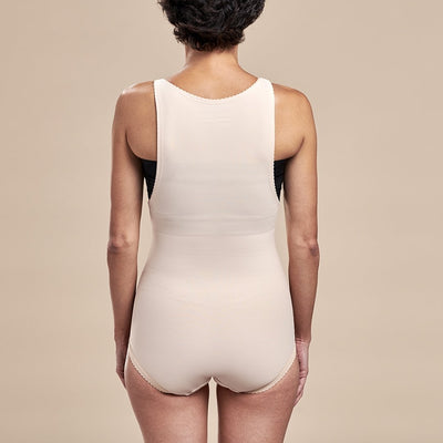 Marena Recovery style FBA2 zipperless bikini length compression girdle with suspenders, back view in beige