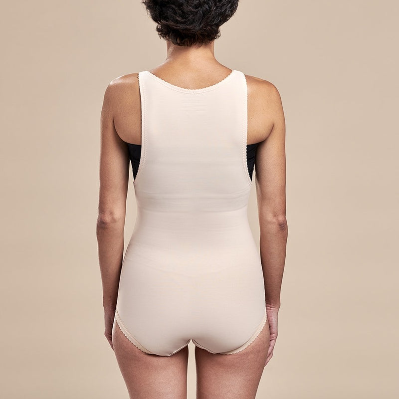 Marena Recovery style FBA2 zipperless bikini length compression girdle with suspenders, front view in beige