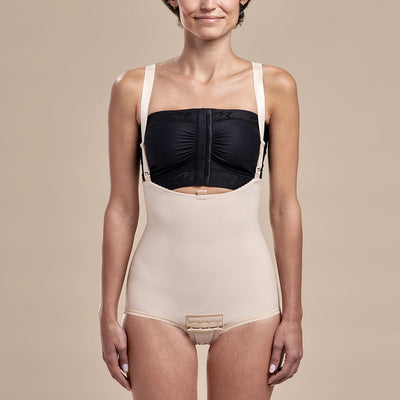 Marena Recovery style FBA2 zipperless bikini length compression girdle with suspenders, front view in beige