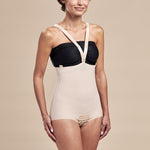 Marena Recovery style FBA2 zipperless bikini length compression girdle with suspenders, front view in beige shown with crossing straps