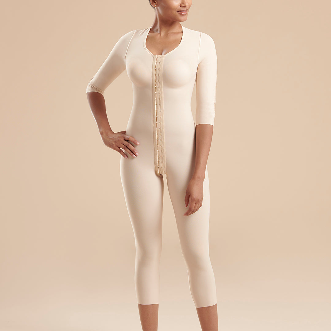 Marena Recovery style FBBMSM calf length compression bodysuit , front view  in Beige