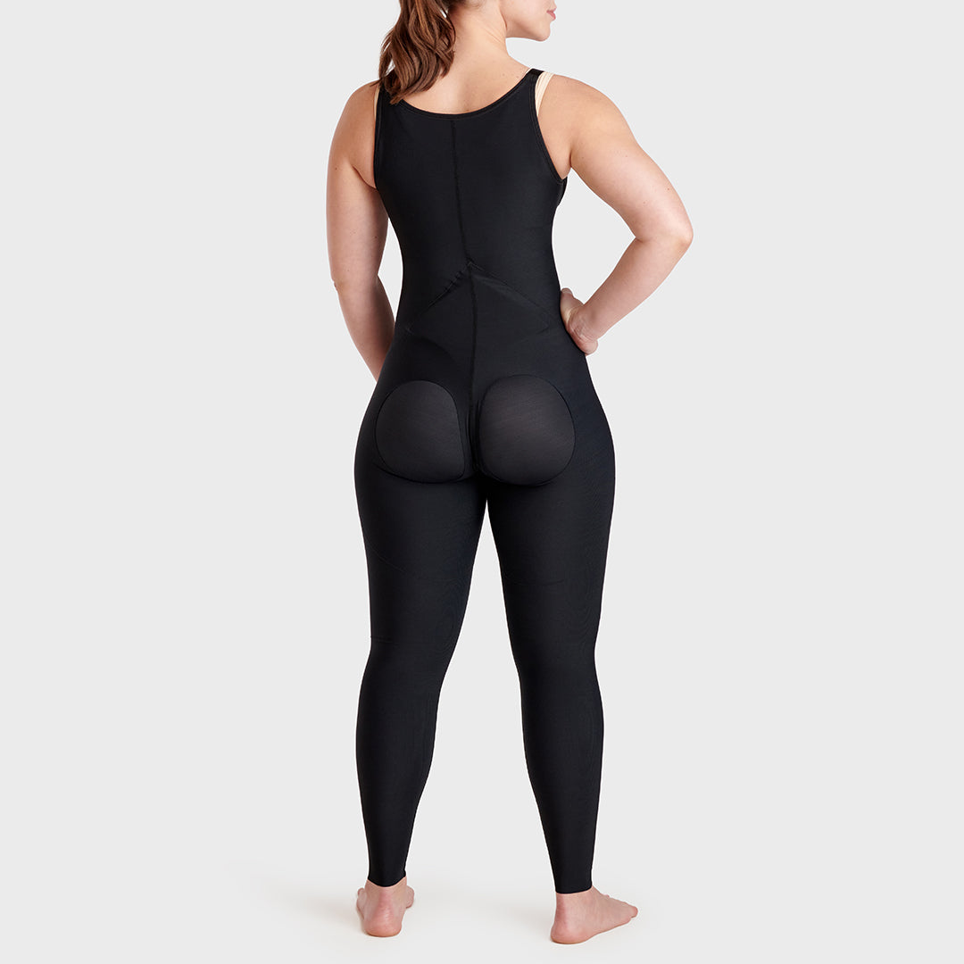 Marena Recovery style FBCL Compression Bodysuit ankle length for BBL Fat Transfer, back view, in black.