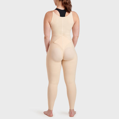 Marena Recovery style FBCL Compression Bodysuit ankle length for BBL Fat Transfer, back view, in beige