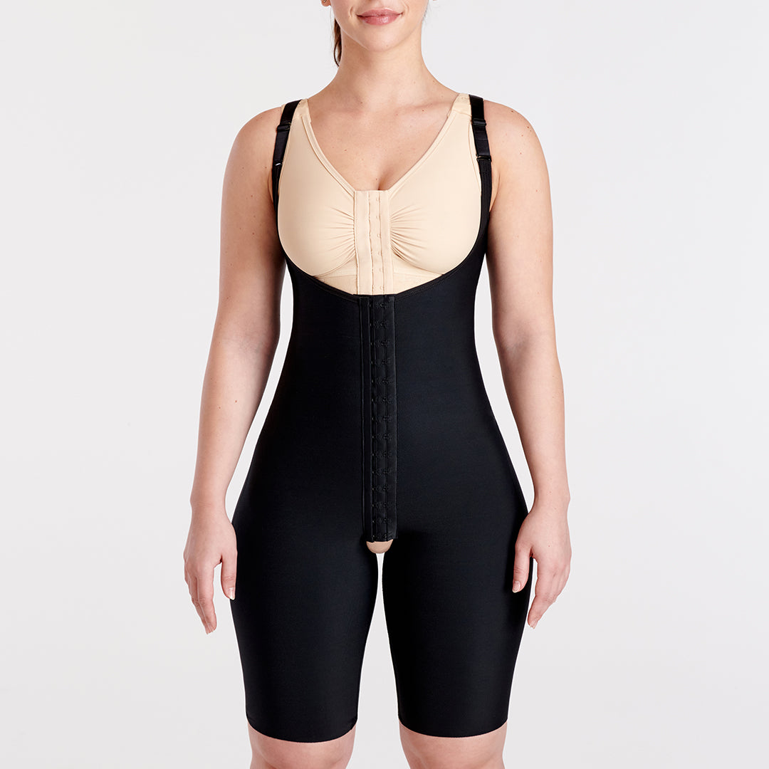 Marena Recovery style FBCS short-length compression BBL bodysuit front view in black.
