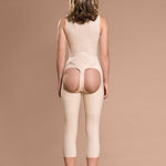 Marena Recovery style FBOM calf-length open-buttock compression girdle, back view in beige showing sacral pad and open buttock.