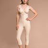 Marena Recovery style FBOM calf-length open-buttock compression girdle, front view in beige showing front zipper closure