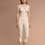Marena Recovery style FBOM calf-length open-buttock compression girdle, front view in beige 