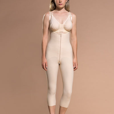 Marena Recovery style FBOM calf-length open-buttock compression girdle, front view in beige