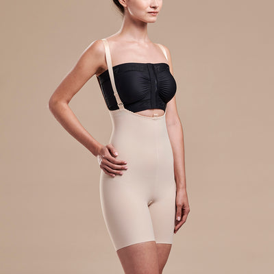 Marena Recovery style FBT2 mid thigh length compression girdle with suspenders, side view in beige