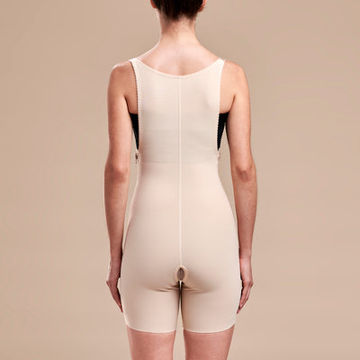 Marena Recovery style FBT compression girdle with suspenders thigh length, back view in beige