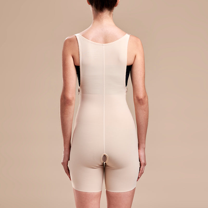 Marena Recovery style FBT compression girdle with suspenders thigh length, front view in beige 