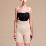 Marena Recovery style FBT compression girdle with suspenders thigh length, front view in beige 