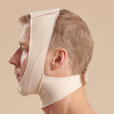 Marena Recovery style FM100-B minimal coverage, mid neck length compression face mask, side view in beige shown on male model.