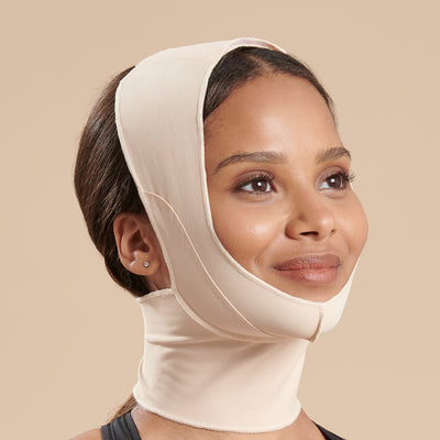 Marena Recovery style FM100-C minimal coverage, full neck length compression face mask side view in beige shown on female model