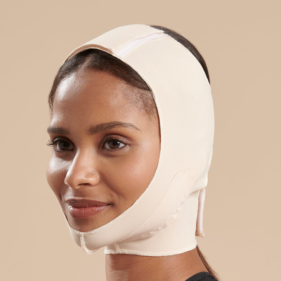Marena Recovery style FM300-A medium coverage, no neck compression face mask, side view in beige shown on female model