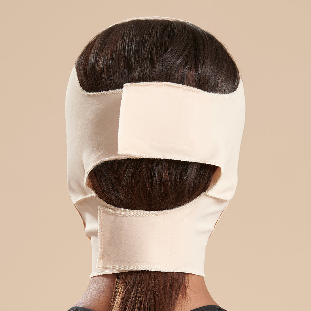 Marena Recovery style FM300-C medium coverage, full neck length compression face mask back view in beige shown on female model