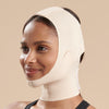 Marena Recovery style FM300-C medium coverage, full neck length compression face mask side view in beige shown on female model