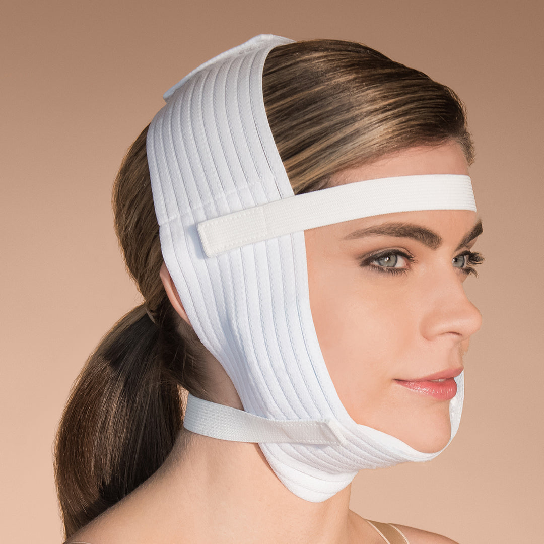 Marena Recovery style FM400 compression Face Wrap with Ice pack, side view shown on female model