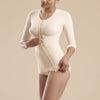 Marena Recovery style FTRA/SM Bikini length compression bodysuit with 3/4 sleeves, front view in beige