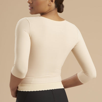 Marena Recovery style FV2M 3/4 sleeves vest with hook and eye closure, back close up view in beige