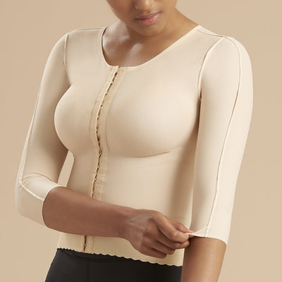 Marena Recovery style FV2M 3/4 sleeves vest with hook and eye closure, front view in beige