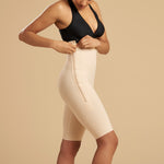 Marena Recovery style LGS thigh length compression girdle, side zipper view in beige