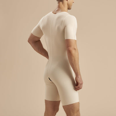 Marena Recovery style MB-SS Short-sleeve compression bodysuit with front zipper, back view in beige
