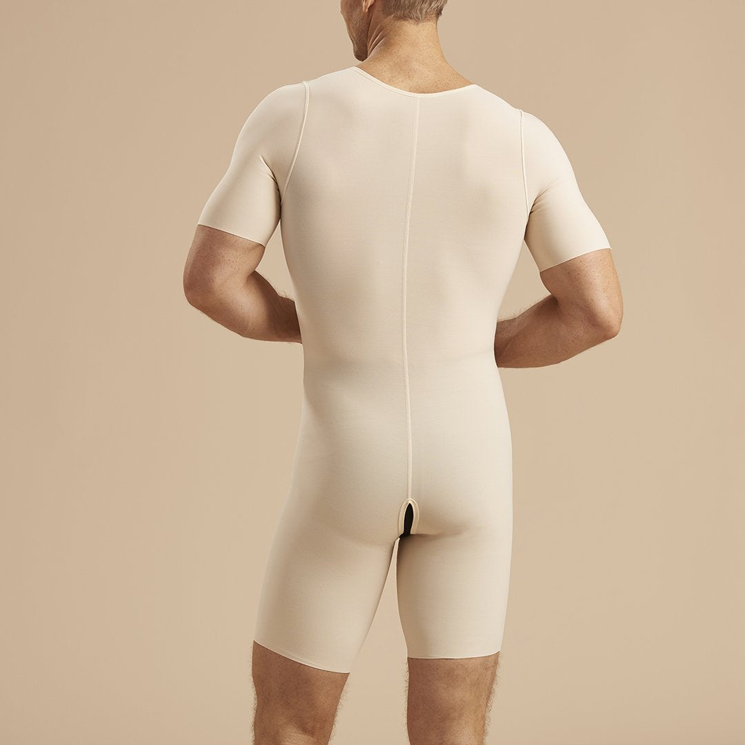 Marena Recovery style MB-SS Short-sleeve compression bodysuit with front zipper, back view in beige