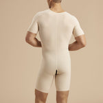 Marena Recovery style MB-SS Short-sleeve compression bodysuit with front zipper, back view in beige