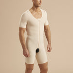 Marena Recovery style MB-SS Short-sleeve compression bodysuit with front zipper, side view in beige