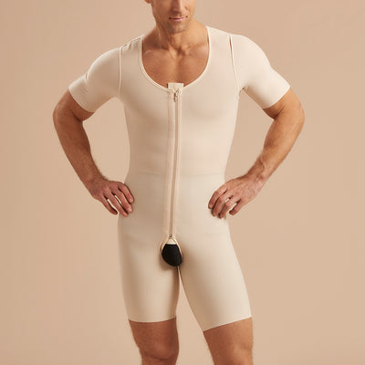 Marena Recovery style MB-SS Short-sleeve compression bodysuit with front zipper, front pose view in beige